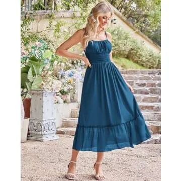 GRACE KARIN Women Beach Dress Summer Sleeveless Spaghetti Strap Cami Dress Flowy Ruffle Hem Beach Long Maxi Dress with Pockets Blue S