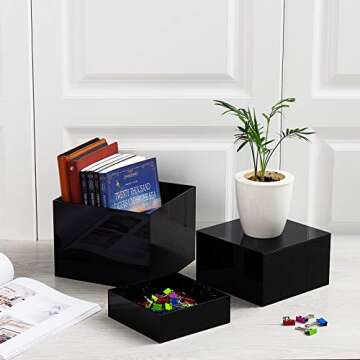 Red Co. Set of 3 Glossy Black Acrylic Cube Display Nesting Risers with Hollow Bottoms