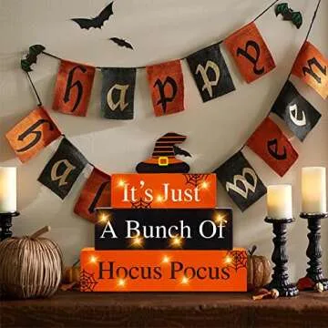 Halloween Wooden Block Sign with Led Lights- It's Just a Bunch of Hocus Pocus Witch Light up Wood Sign Decor for Table Mantle- Halloween Festive Haunted House Farmhouse Home Tabletop Tiered Tray Decor