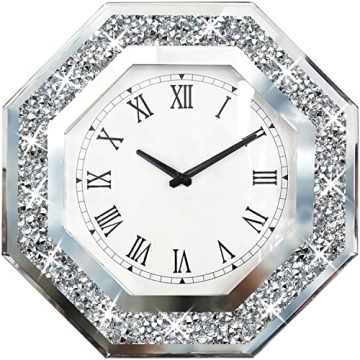 XIHACTY Wall Clock, Octagon Mirror Glass Clock, Cute Diamond 12-inch Non-Ticking Clock for Wall Déc...