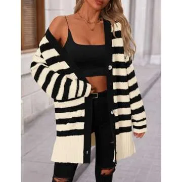 PRETTYGARDEN Women's Winter Striped Cardigan Sweaters Long Sleeve Button Down Open Front Chunky Knit Oversized Sweater Coat (Striped Beige Black,Large)