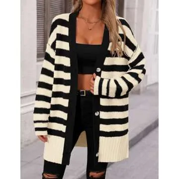 PRETTYGARDEN Women's Winter Striped Cardigan Sweaters Long Sleeve Button Down Open Front Chunky Knit Oversized Sweater Coat (Striped Beige Black,Large)