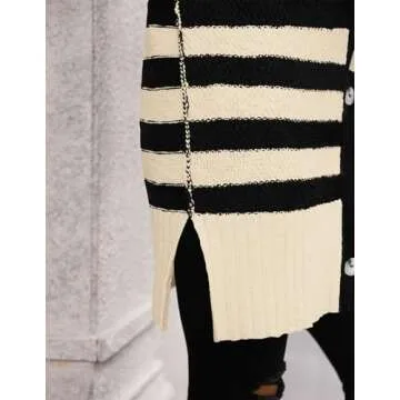 PRETTYGARDEN Women's Winter Striped Cardigan Sweaters Long Sleeve Button Down Open Front Chunky Knit Oversized Sweater Coat (Striped Beige Black,Large)