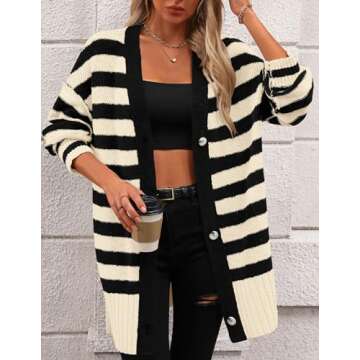 PRETTYGARDEN Women's Winter Striped Cardigan Sweaters Long Sleeve Button Down Open Front Chunky Knit Oversized Sweater Coat (Striped Beige Black,Large)