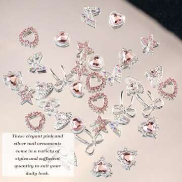 Pink Silver 35PCS Nail Charms Alloy Nail Art Rhinestone Charms 3D Rhinestone Butterfly Crown Star Bow Nail Gems Shiny Jewelry Nail Decoration Accessories Supplies(7 styles)