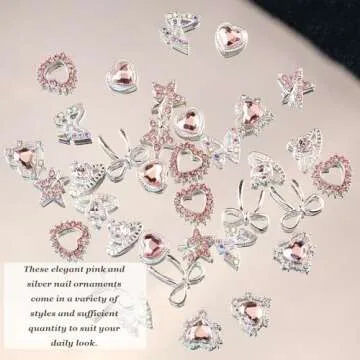 Pink Silver 35PCS Nail Charms Alloy Nail Art Rhinestone Charms 3D Rhinestone Butterfly Crown Star Bow Nail Gems Shiny Jewelry Nail Decoration Accessories Supplies(7 styles)