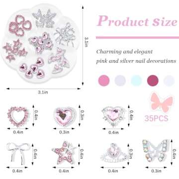 Pink Silver 35PCS Nail Charms Alloy Nail Art Rhinestone Charms 3D Rhinestone Butterfly Crown Star Bow Nail Gems Shiny Jewelry Nail Decoration Accessories Supplies(7 styles)