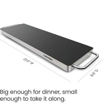 Chefman Long Electric Warming Plate Heating Element, Prep Food for Parties, Stainless Steel Frame & Tempered Glass Surface, Buffet at Home, for Trays & Dishes, Cool-Touch Handles, Black
