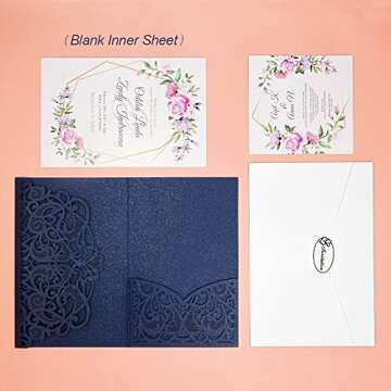 PCORES 25Pcs Laser Cut Wedding Invitations Cards Sets 4.72" x 7.13", Exquisite Pattern, with Envelope, Blank Inner Sheet, RSVP Cards, for Bridal Shower, Engagement Party. (Blue)
