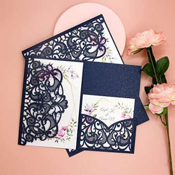 PCORES 25Pcs Laser Cut Wedding Invitations Cards Sets 4.72" x 7.13", Exquisite Pattern, with Envelope, Blank Inner Sheet, RSVP Cards, for Bridal Shower, Engagement Party. (Blue)