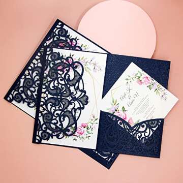 PCORES 25Pcs Laser Cut Wedding Invitations Cards Sets 4.72" x 7.13", Exquisite Pattern, with Envelope, Blank Inner Sheet, RSVP Cards, for Bridal Shower, Engagement Party. (Blue)