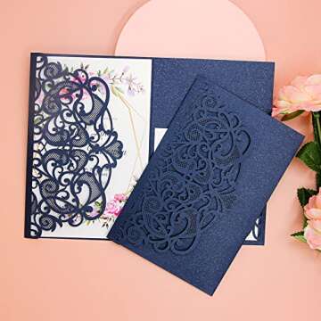 PCORES 25Pcs Laser Cut Wedding Invitations Cards Sets 4.72" x 7.13", Exquisite Pattern, with Envelope, Blank Inner Sheet, RSVP Cards, for Bridal Shower, Engagement Party. (Blue)