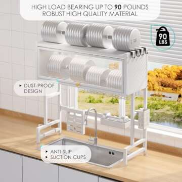 Qidordour Over The Sink Dish Drying Rack, Large Dish Drainer Drying Rack for Kitchen Counter, Snap-On Design with Multiple Baskets Utensil Holder Sink Caddy, 3 Tier White (33.46" W)