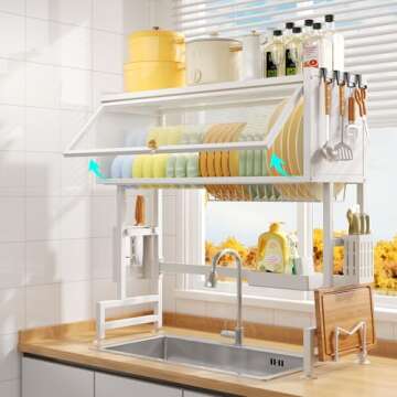 Qidordour Over The Sink Dish Drying Rack, Large Dish Drainer Drying Rack for Kitchen Counter, Snap-On Design with Multiple Baskets Utensil Holder Sink Caddy, 3 Tier White (33.46" W)