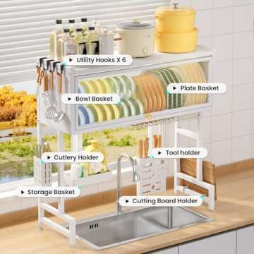 Qidordour Over The Sink Dish Drying Rack, Large Dish Drainer Drying Rack for Kitchen Counter, Snap-On Design with Multiple Baskets Utensil Holder Sink Caddy, 3 Tier White (33.46" W)