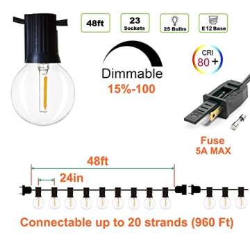 NEWPOW Outdoor String Lights 48ft with 23+2 Spare Bulbs, Shatterproof Dimmable Waterproof, LED 1W 60...