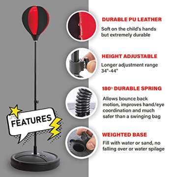 Whoobli Punching Bag for Kids Incl Boxing Gloves | 3-10 Years Old Adjustable Kids Punching Bag with Stand | Boxing Bag Set Toy for Boys & Girls (Red Black)