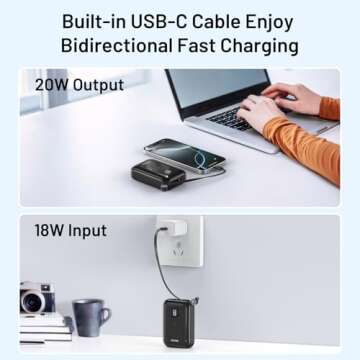 BLAVOR Portable Charger with Built-in Cable, PD 20W Fast Charging Power Bank, 10000mAh Mini Power Pa...