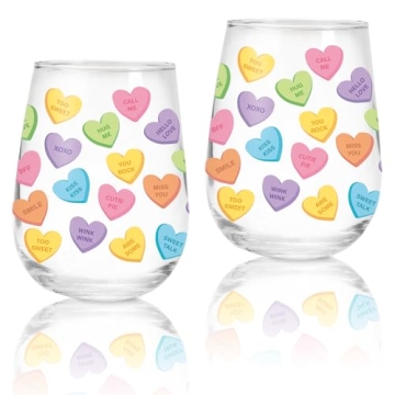 Whaline 2Pcs Valentine's Day Stemless Wine Glasses 17oz Conversation Heart Drinking Glasses Colorful...