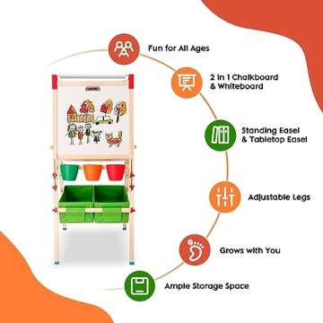 Kids Easel Wooden Kids Art Easel Double-Sided Standing Easel for Kids Height Adjustable Preschool Art Easel with Paper Roll Storage Box Watercolor Pen for 3-15 Years Old (Green)