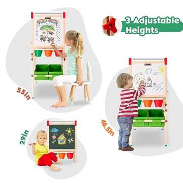 Kids Easel Wooden Kids Art Easel Double-Sided Standing Easel for Kids Height Adjustable Preschool Art Easel with Paper Roll Storage Box Watercolor Pen for 3-15 Years Old (Green)