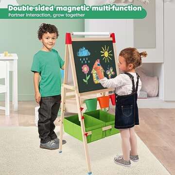 Kids Easel Wooden Kids Art Easel Double-Sided Standing Easel for Kids Height Adjustable Preschool Art Easel with Paper Roll Storage Box Watercolor Pen for 3-15 Years Old (Green)