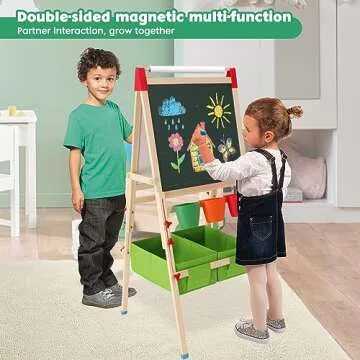 Kids Easel Wooden Kids Art Easel Double-Sided Standing Easel for Kids Height Adjustable Preschool Art Easel with Paper Roll Storage Box Watercolor Pen for 3-15 Years Old (Green)