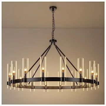 AEULYTIR 48 Inch Black Wagon Wheel Chandelier with Glass Shade, 16 Lights, Modern Farmhouse Style, I...
