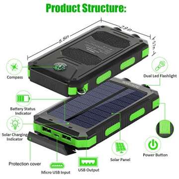 Solar Charger, 20000mAh Portable Outdoor Waterproof Solar Power Bank, Camping External Backup Battery Pack Dual 5V USB Ports Output, 2 Led Light Flashlight with Compass (Green)