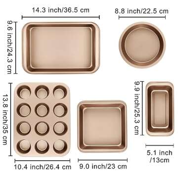 Nonstick Baking Pans Set, 5-Piece Kitchen Baking Sheets for Oven, Bakeware Sets with Round/Square Cake Pan, Muffin Pan, Loaf Pan, Roast Pan, mobzio Cookie Sheet Set Baking Supplies (Champagne Gold)