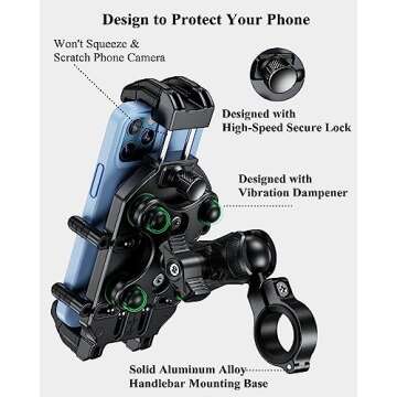 BRCOVAN Motorcycle Phone Holder with Vibration Dampener & High-Speed Secure Lock, Anti-Theft Motorcycle Phone Mount Handlebar Cellphone Holder for Bike Bicycle Scooter ATV Fit 5.4''-7.2'' Smartphones