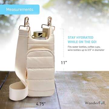 WanderFull Original HydroBag | Quilted Water Bottle Holder with Strap | Tote Bottle Carrier Crossbody Bag with Pockets | Carry 32 oz Water Bottle, Tumbler, Phone, Purse | Glossy Ivory