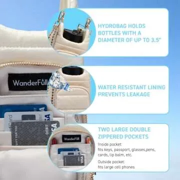 WanderFull Original HydroBag | Quilted Water Bottle Holder with Strap | Tote Bottle Carrier Crossbody Bag with Pockets | Carry 32 oz Water Bottle, Tumbler, Phone, Purse | Glossy Ivory