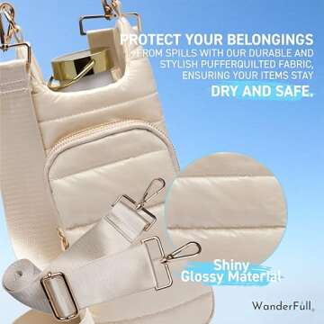 WanderFull Original HydroBag | Quilted Water Bottle Holder with Strap | Tote Bottle Carrier Crossbody Bag with Pockets | Carry 32 oz Water Bottle, Tumbler, Phone, Purse | Glossy Ivory