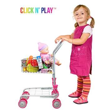 Click N’ Play Kids Shopping Cart with Food, Play Grocery Cart for Kids with 23 Pieces, Toddler Shopping Cart - Fits 18 inch Baby Dolls, Smooth Rolling Wheels, Folds for Easy Storage, Pink & Black