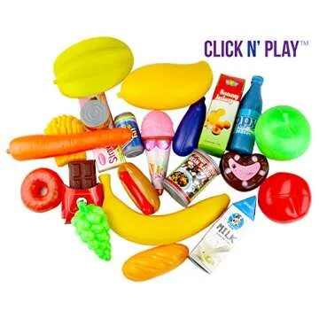 Click N’ Play Kids Shopping Cart with Food, Play Grocery Cart for Kids with 23 Pieces, Toddler Shopping Cart - Fits 18 inch Baby Dolls, Smooth Rolling Wheels, Folds for Easy Storage, Pink & Black