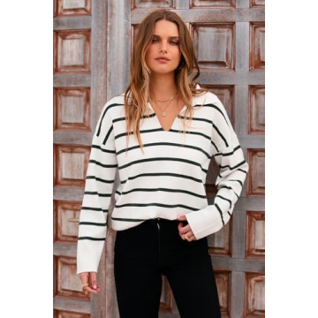 CFLONGE Women's Striped V Neck Pullover Sweater Fall Winter
