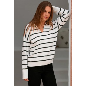 CFLONGE Women's Striped V Neck Pullover Sweater Fall Winter