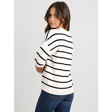 CFLONGE Women's Striped V Neck Pullover Sweater Fall Winter