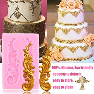 ZiXiang Baroque Fondant Mold Curlicues Scroll Lace Silicone Molds Filigree Mold For Sculpted Flower Cake Border Decoration Cupcake Topper Chocolate Polymer Clay Gum Paste Set Of 4