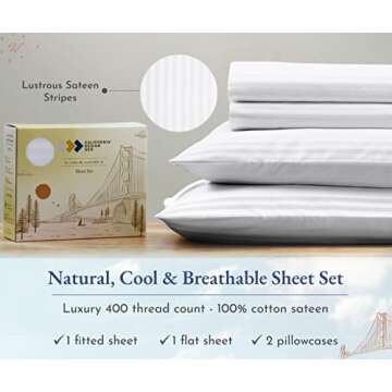 California Design Den Striped Sheets for King Size Bed, Soft 100% Cotton Sheets, Luxury 400 Thread Count Sateen, Deep Pocket Cooling Sheets Set (White Sheets)