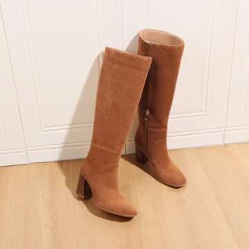 EQAUDES Brown Knee High Boots Fall Boots for Women 2024 Square Toe Faux Suede Boots with Chunky Heel...