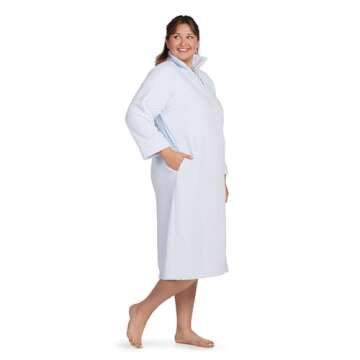 Miss Elaine Women's Long Fleece Robe, Long Sleeves and Zipper Front Closure, Collared Neck with Side Pockets, Women's Sleepwear (1X, Light Blue)