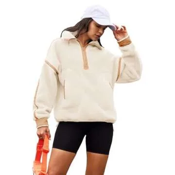 Panadila Womens Quarter Zip Fleece Pullover Sherpa Jacket Oversized Sweatshirt with Pockets Fuzzy Sweater (Beige Khaki Combo,S)