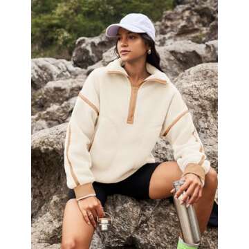 Panadila Womens Quarter Zip Fleece Pullover Sherpa Jacket Oversized Sweatshirt with Pockets Fuzzy Sweater (Beige Khaki Combo,S)