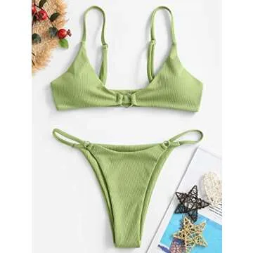 ZAFUL Women's Ribbed O-Ring String Bikini Swimsuit Two Pieces Bathing Suit