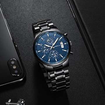 CRRJU Men's Watches Fashion Casual Quartz Analog Black Stainless Steel Waterproof Chronograph Wrist Watch for Men