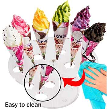 Ice Cream Cone Holder Stand, 16 Holes Clear Acrylic Waffle Cone Holder Display Mini Snow Cones Sushi Hand Rolls Popcorn Candy French Fries Sweets Savory for Kids Parties Anniversaries Decorative