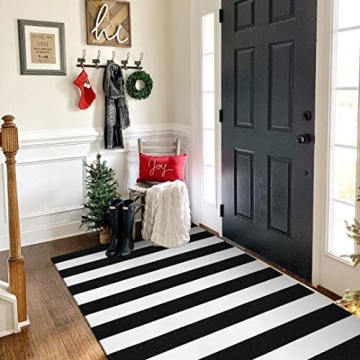 Black and White Outdoor Rug 3'x 5',Collive Hand-Woven Washable Christmas Striped Outdoor Rug,Farmhou...