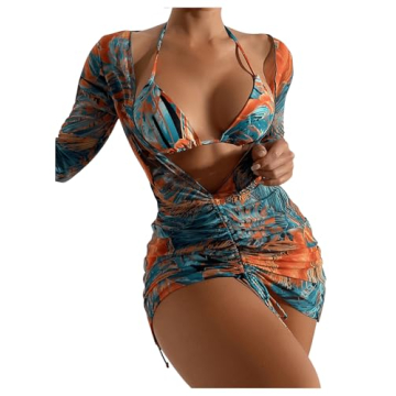 OYOANGLE Women's 3 Piece Swimsuit Tropical Thong Bikini Set Bathing Suit Halter Triangle with Cover ...